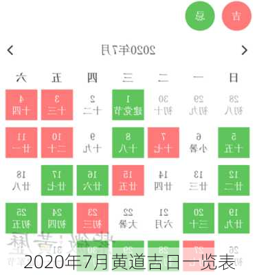 2020年7月黄道吉日一览表